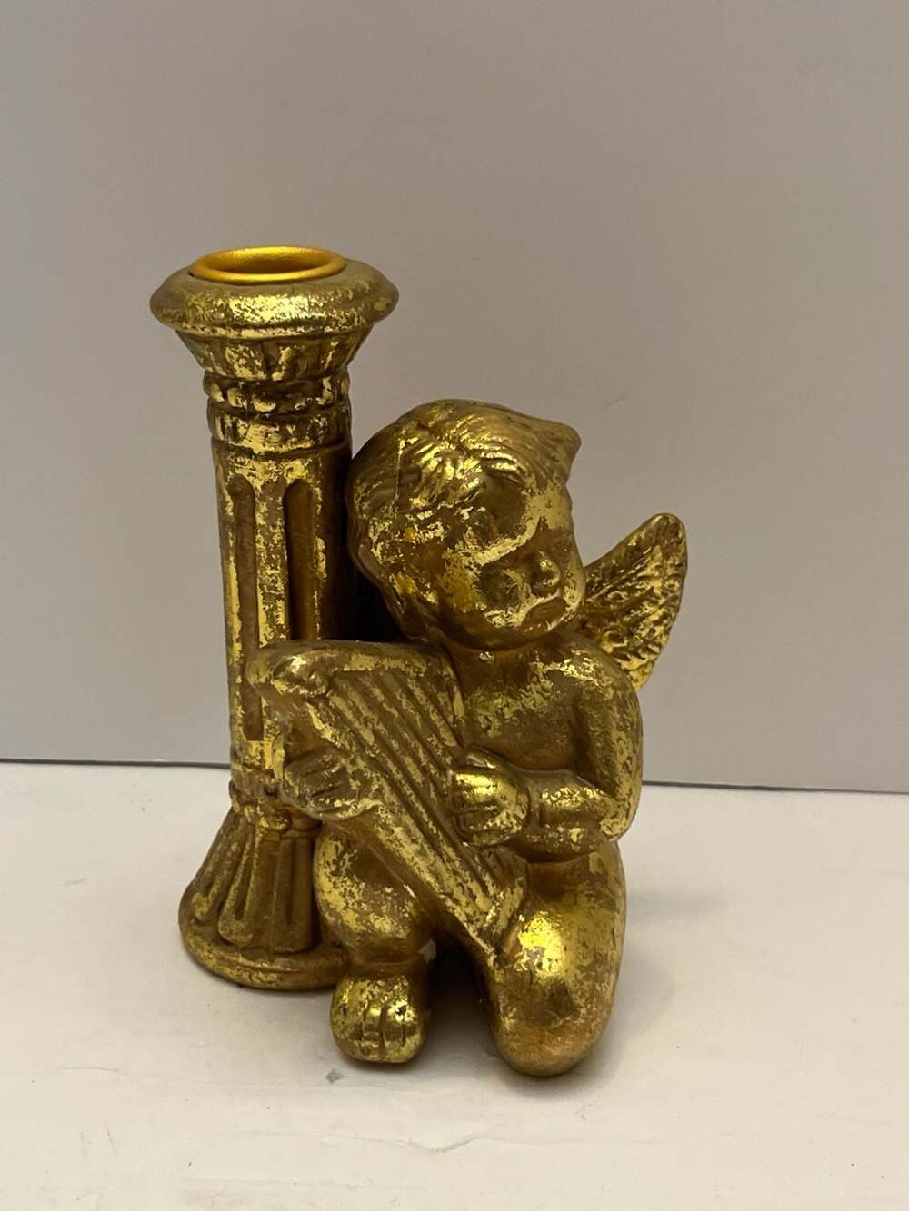 Vintage Gold Cherub Candle Holder with Angel Playing Lyre and Pillar